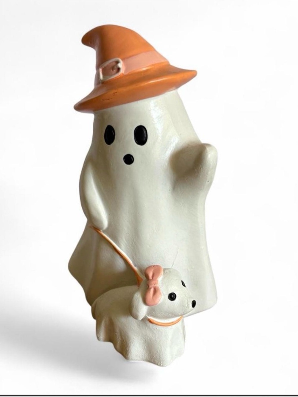 Charming White Ghost Figurine with Orange Witch Hat and dog